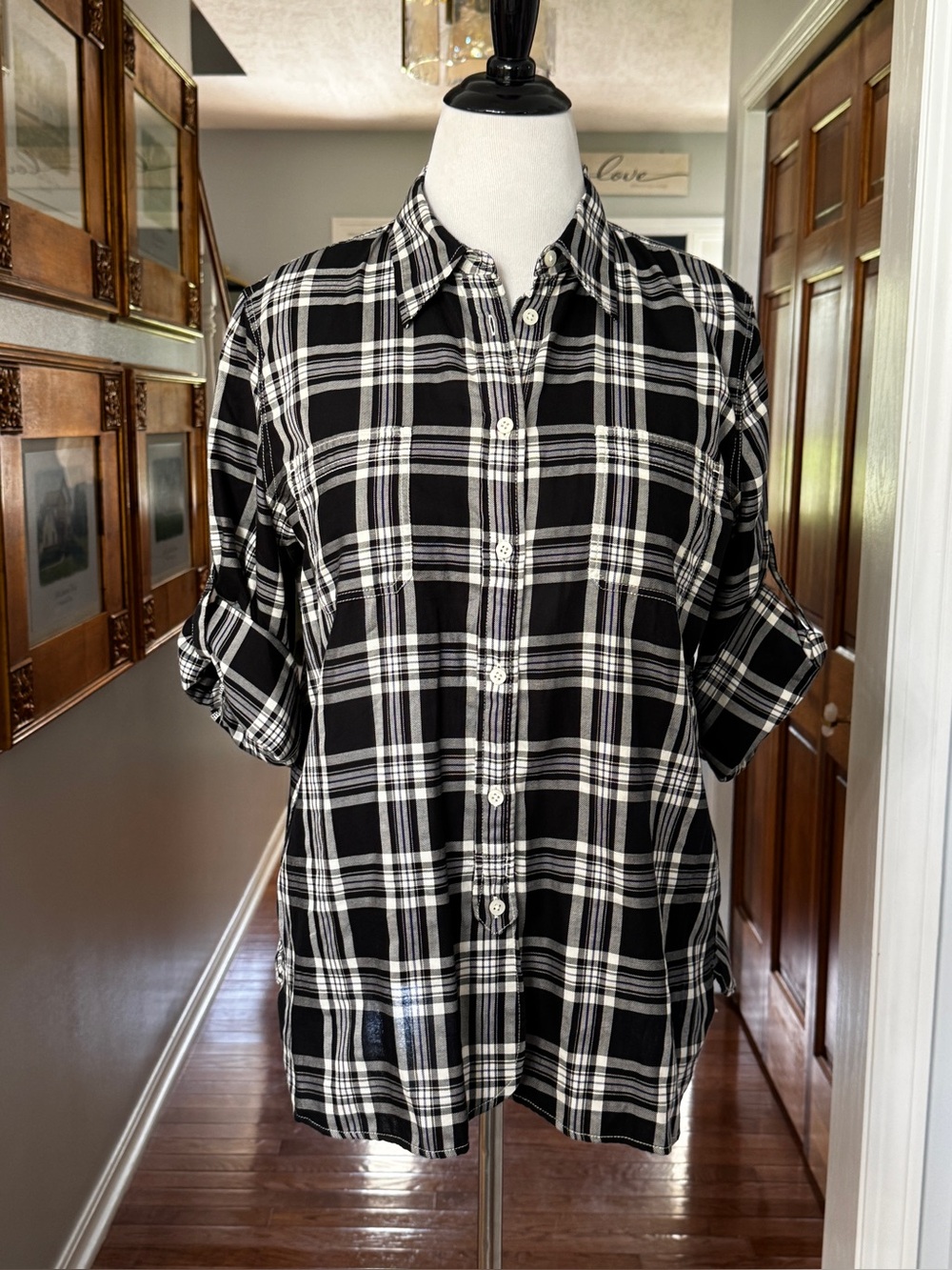 Ralph Lauren Jeans Co Black Tan Plaid Cotton Button Down XL Roll Tab Sleeve